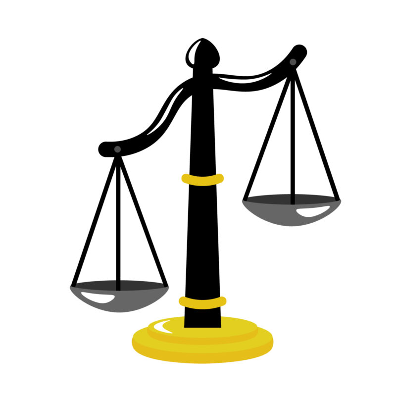 Balanced scales of justice on a gold base, symbolizing fairness and law as a legal icon.