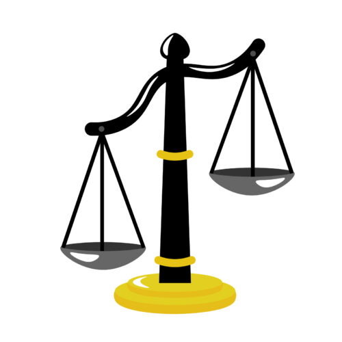 Balanced scales of justice on a gold base, symbolizing fairness and law as a legal icon.